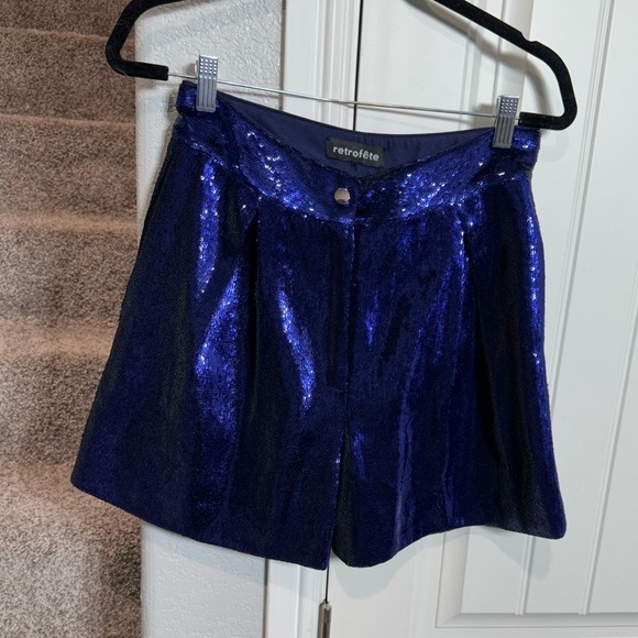 $395 Retrofete Women's Blue Cyd Sequined High Rise Zip Fly Shorts - Picture 4 of 9